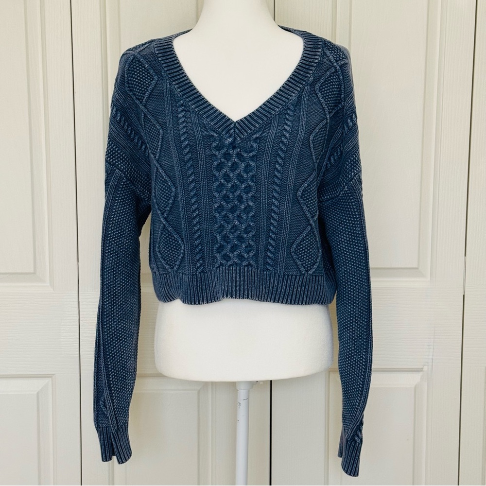 Aeropostale Blue Cable Knit Cropped V-Neck Sweater Womens Large Cotton Blend Y2K